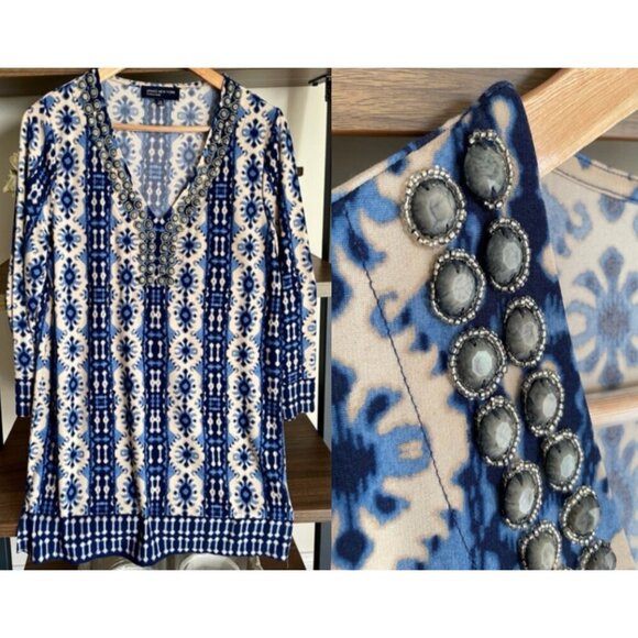 Jones New York Blue and White Beaded Patterned Tunic, Size L - Picture 2 of 9